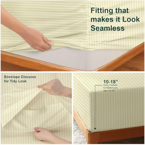 NON Sticky cotton Twin 4 Piece Sheet Set, 100% Long Staple Cotton, Soft Cooling Hotel Luxury Bedding Sheets, Deep Pocket Fits 10" to 18" Mattress, 39" x 75", Ivory Stripe