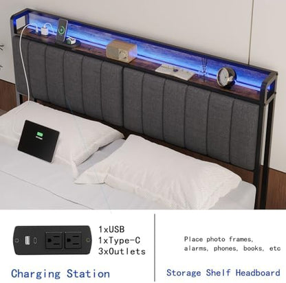 King Headboard Only with Storage & Outlets,Bed Headboard King Size,Gray