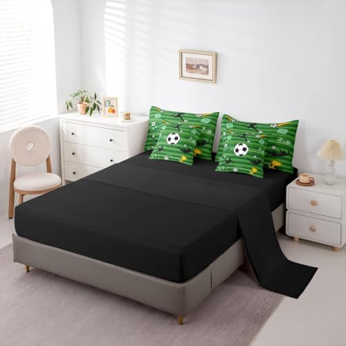 Erosebridal Green Playground Soccer Boys Kids King 7-Piece Comforter Set | Ball Games Sheets and Pillowcases Geometric Striped Bed in A Bag Football Court Gaming Bed Sets