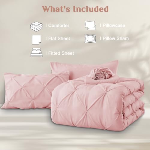 JOLLYVOGUE Twin Comforter Set 5 Pieces - Bed in a Bag Twin for All Season, Pintuck Bedding Comforter Sets with Comforter, Flat Sheet, Fitted Sheet and Pillowcases & Shams, Rose Gold