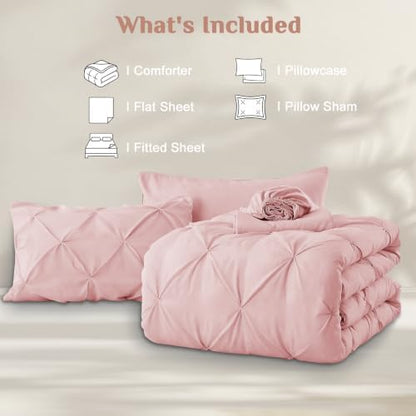 JOLLYVOGUE Twin Comforter Set 5 Pieces - Bed in a Bag Twin for All Season, Pintuck Bedding Comforter Sets with Comforter, Flat Sheet, Fitted Sheet and Pillowcases & Shams, Rose Gold