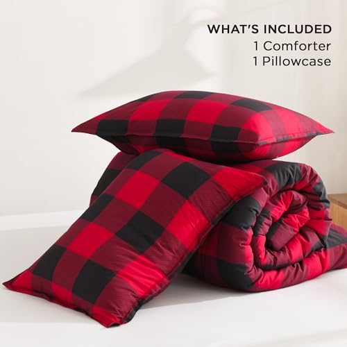 Andency Buffalo Plaid Comforter Twin, Red Black Checkered Gingham Grid