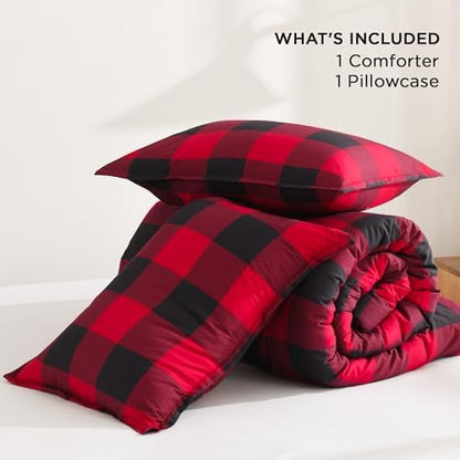 Andency Buffalo Plaid Comforter Twin, Red Black Checkered Gingham Grid