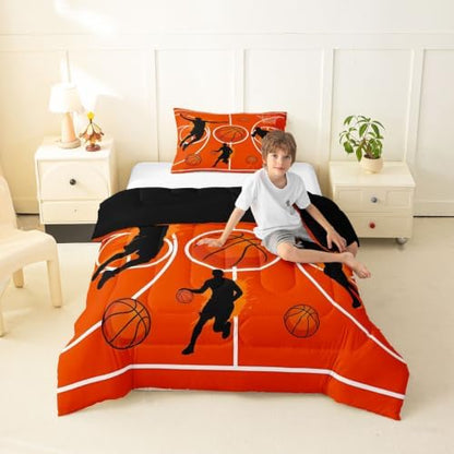 Graffiti Basketball Comforter Set Twin Size,Orange Court Line Bed in a Bag 2Pcs for Kids Girls Boys Teens Room Decor,Ball Sports Gaming Quilted Duvet Modern Fashion Down Comforter,1 Pillowcase