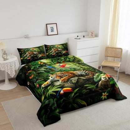 3D Tiger Comforter Set Queen Size,Monkey Parrot Wild Animals Bedding Set,Tropical Palm Tree Jungle Quilt Set for Kids Boys Girls Adult Bedroom Decor,Nature Wildlife Theme Duvet Insert,2 Pillowcases