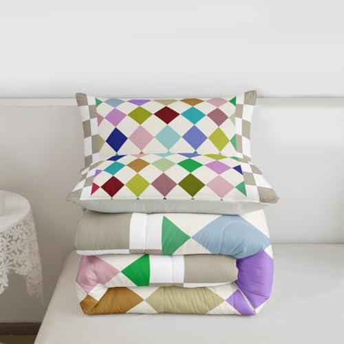 Checkered Geometric Comforter Set Twin Size Blue Green Pink Beige Brown Plaid Bedding Set for Kids Boys Girls Checkerboard Modern Aesthetic Duvet Quilt Reversible Grey Decor 2 Pcs with 1 Pillow Cases