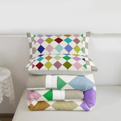 Checkered Geometric Comforter Set Twin Size Blue Green Pink Beige Brown Plaid Bedding Set for Kids Boys Girls Checkerboard Modern Aesthetic Duvet Quilt Reversible Grey Decor 2 Pcs with 1 Pillow Cases