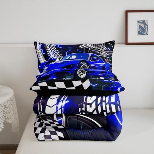 Toddler Race Car Bed for Boys,Blue Neon Lights Honeycomb Bedding Set Cool Sports Car Glitter Beehive Geometric Hexagon Comforter Set Full,Black White Grid Lattice Quilt Buffalo Plaid Decor