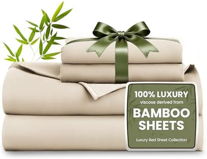 Love's cabin 4 Piece Full Size Sheet Set, 100% Rayon Derived from Bamboo, Cooling & Breathable, Soft Silky Deep Pocket up to 16", Hotel Luxury Bedding for Hot Sleepers, Dark Beige