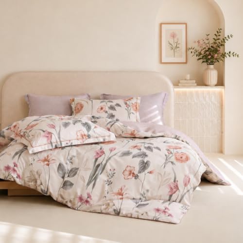 King Comforter Set 3 Pieces, 100% Cotton Vintage Cream Floral Bedding Set for All‑Season, Soft Breathable Comforter with 2 Pillow Shams
