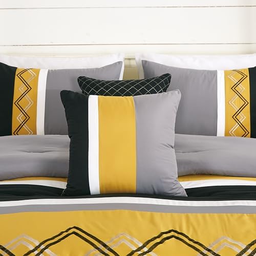Chezmoi Collection Arden 7-Piece Modern Pleated Stripe Embroidered Zigzag Bedding Comforter Set (King, Turmeric/Black/Silver Gray/White)