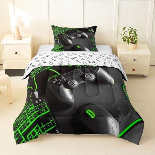 Feelyou Gamer Comforter Set All Season Gaming Bedding Set with 1 Pillow Cases Game Room Decor Microfiber Kids Toddler Bedclothes Gamepad Bedroom Decor Green Duvet Quilt Breathable Soft Lightweight