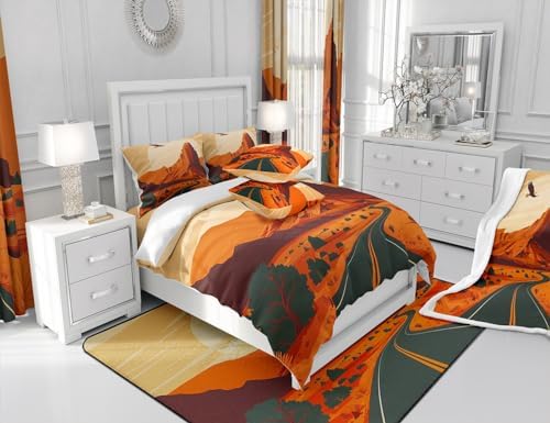 Western Desert Comforter Set Twin Size,Road Travel Nature Scenery Bedding Set for Kids Teens Adults Room Decor,Retro Rustic Farmhouse Quilt Set,Sunset Cowboy Vintage Duvet Insert 2Pcs,1 Pillowcase