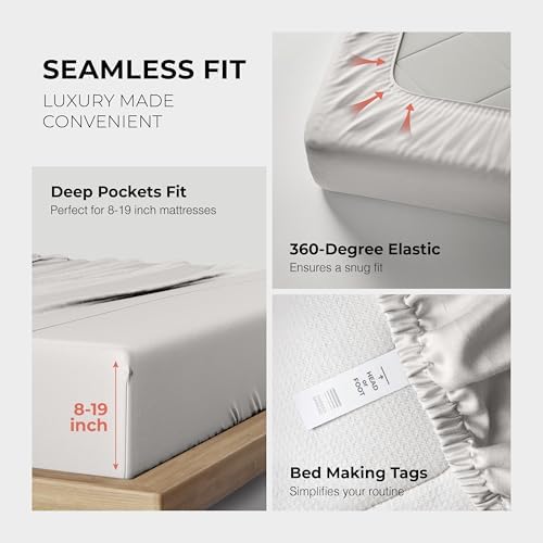 THREAD SPREAD 100% Egyptian Cotton Sheets Queen Size - 1200 Series Plush Collection Damask Sheet Set Egyptian Cotton (4 PC, Silver Grey Stripe), Sateen Luxury Sheet Queen Size, 17" Deep Pocket
