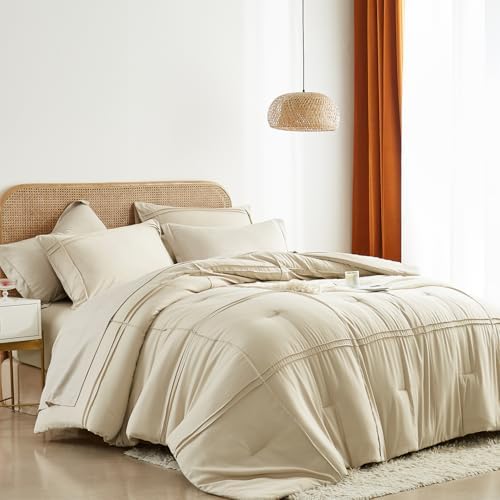 Yogeneg Queen Comforter Set 7 Piece Bed in a Bag,Grid Pinch Pleat Beige Bedding Set,Striped Textured Soft Microfiber Comforter with Sheet Set,All Season Complete Bed Set(Beige,Queen)