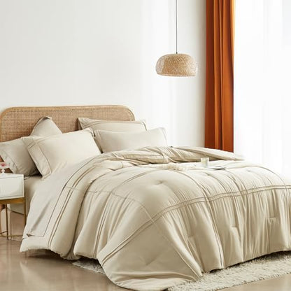 Yogeneg King Size Comforter Set 7 Piece Bed in a Bag,Grid Pinch Pleat Beige Bedding Set,Striped Textured Soft Microfiber Comforter with Sheet Set,All Season Complete Bed Set(Beige,King)