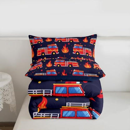 Erosebridal Boys Fire Truck Bedding Set King, Cartoon Red Firemen Car Comforter Set for Kids Teens Men Room Decor, Dark Blue Comforter, Fire Engine Polka Dots Quilt with 2 Pillowcases, 3 Pcs