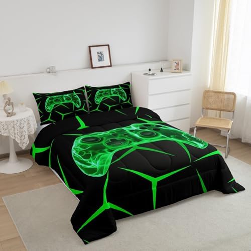 Castle Fairy Black Green Games 3 Pcs Queen Size Comforter Set,Geometric Honeycomb Gaming Down Alternative Adults Room Decor,Game Controller Ultra Soft Microfiber Inner Fill 3Pcs Bedding