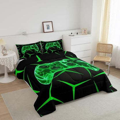 Castle Fairy Black Green Games 3 Pcs Queen Size Comforter Set,Geometric Honeycomb Gaming Down Alternative Adults Room Decor,Game Controller Ultra Soft Microfiber Inner Fill 3Pcs Bedding