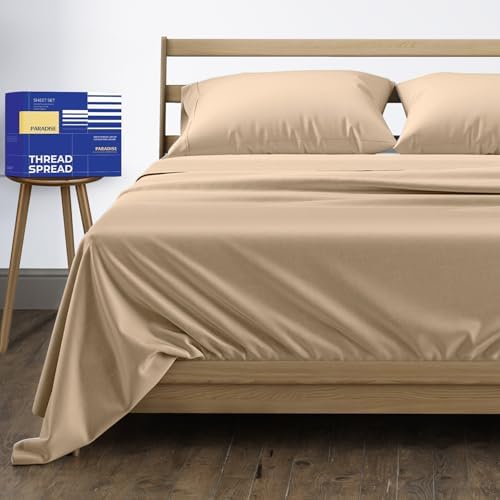 THREAD SPREAD Egyptian Cotton Sheets Queen Size - 1000 Series High Thread Count Cotton Queen Sheet Set (4 PC, Taupe), 16" Snug Fit Deep Pocket, Cooling, Sateen Weave, Ultra-Soft Hotel Luxury Sheets