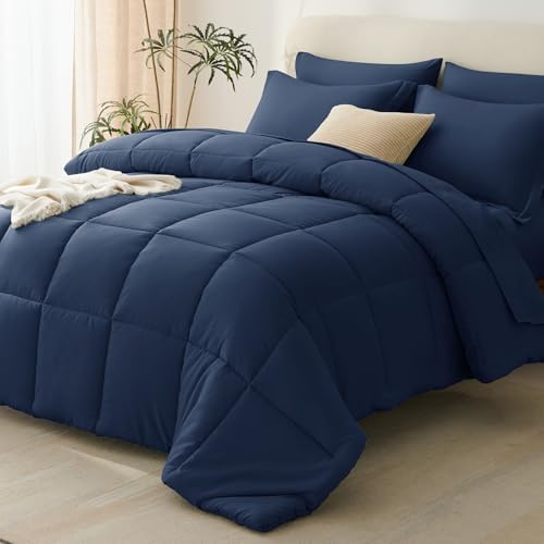 CozyLux Oversized Queen Comforter Set, 7-Piece Bed in a Bag, Navy Blue
