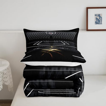 Black Golden Line Basketball Comforter Set Full Size,3D Basketball Court Bedding Set for Kids Boys Teens Men Room Decor,Sports Games Theme Quilt Set Fashion Cool Duvet Insert,2 Pillowcases