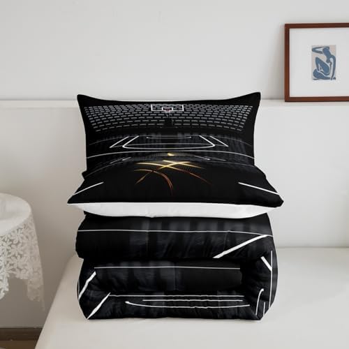 Black Golden Line Basketball Comforter Set Twin Size,3D Basketball Court Bedding Set for Kids Boys Teens Men Room Decor,Sports Games Theme Quilt Set Fashion Cool Duvet Insert,1 Pillowcase
