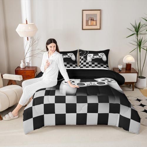 Erosebridal Gamer Comforter Set King,Gaming Bedding Set for Kids Teens,Black and Grey Buffalo Plaid Reversible Duvet Insert,Novelty Gamepad Pattern Down Comforter with 2 Pillow Shams Lightweight