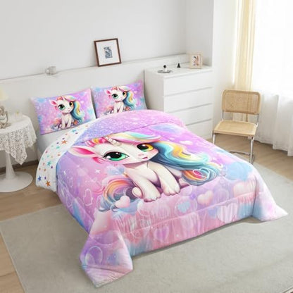 Manfei Cute Unicorn Comforter Set King Size, Pink Blue Glitter Princess Bedding Set 3pcs, Girls Woman Bedroom Decor, Cartoon Kawaii Down Comforter for Kids, Girly Dreamy Duvet Insert, 2 Pillowcases