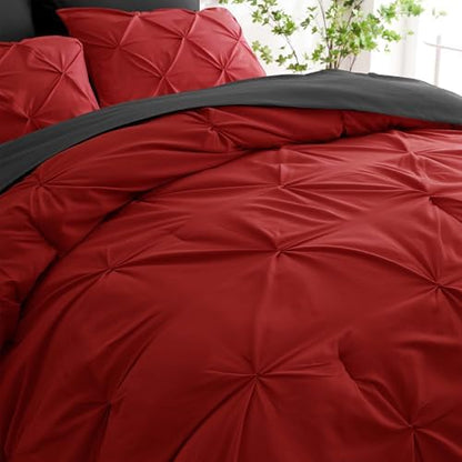 Ubauba 7pc Queen Size Comforter Set with Sheets, Pintuck 7 Piece Bedding Comforters Bed in a Bag for All Season, Pinched Pleat Bed Set with Comforter (Red and Black,Queen)
