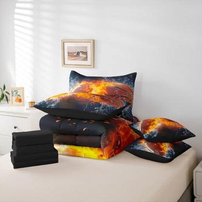 Erosebridal Rugby Football Basketball Themed Comforter 7Pcs - 3D Gaming Sport Bedding Set for Kid Teen Girl Boy Adult Balls Sports Games Ice and Fire Ball Pattern Bed in A Bag King Size