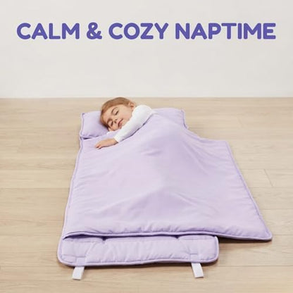 EVERYDAY KIDS Nap Mat with Removable Pillow - Lavender - Carry Handle with Straps Closure, Rollup Design, Soft Microfiber for Preschool, Daycare, Travel Sleeping Bag - Ages 3-6 Years