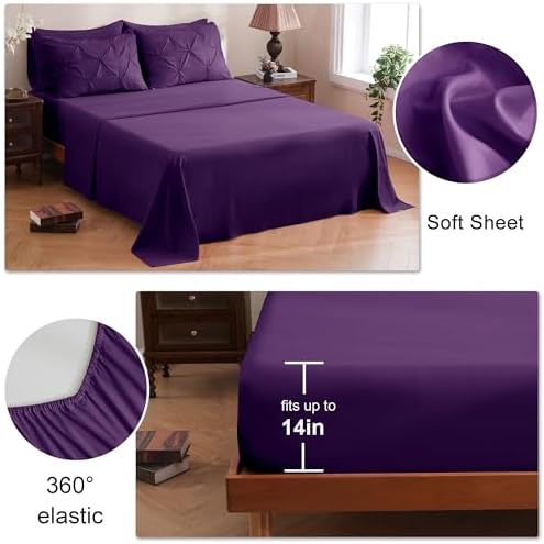 DOWNCOOL King Size Comforter Set, 7 Pieces Purple Pintuck Bed in a Bag