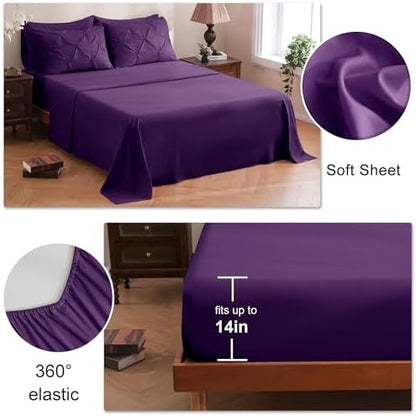 DOWNCOOL Full Size Comforter Sets, 7 Pieces Purple Pintuck Bed in a Bag