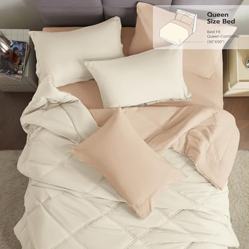 Joiedomi Queen Comforter Set with Sheets Beige, 7 Pieces Queen Bed Set with 1 Down Alternative Comforter, 1 Flat Sheet, 1 Fitted Sheet, 2 Pillowcases and 2 Pillow Shams, Bed in a Bag for All Seasons