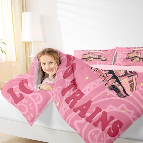 Feelyou Girls Pink Vintage Train Comforter Set Queen Size Retro Steam Engine Bedding Set Kids Railway Track Vehicle Locomotive Transport Duvet Quilt Room Decor