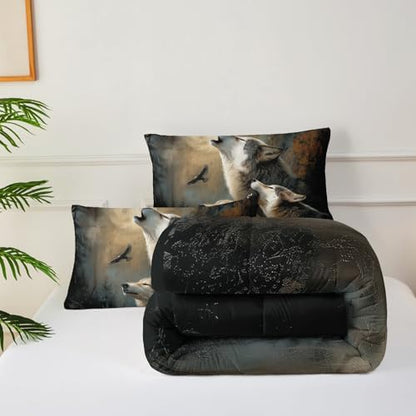 Wolf Comforter Set Queen for Kids Boys Girls,Howling Wolves Comforter Set,Eagle and Wolf Night Moon Forest Bedding Set, Wild Animals Quilt Set for Bedroom Decor,All Seasons