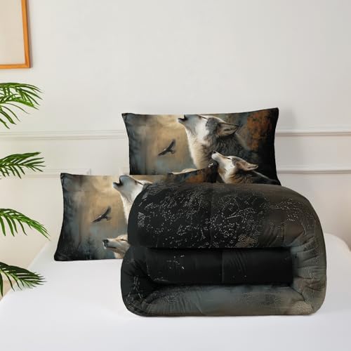 Wolf Comforter Set Twin for Kids Boys Girls,Howling Wolves Comforter Set,Eagle and Wolf Night Moon Forest Bedding Set, Wild Animals Quilt Set for Bedroom Decor,All Seasons