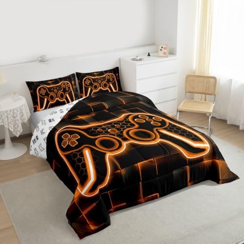 Feelyou Kids Gamer Comforter Set Twin Size Orange Black Bedding Set Boys