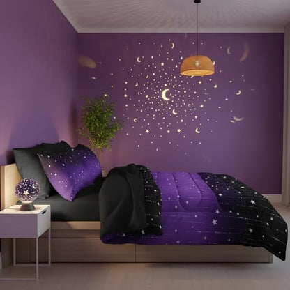 QOOMO Purple Galaxy 7 Pieces Comforter Set Twin,Starry Sky Bedding Set