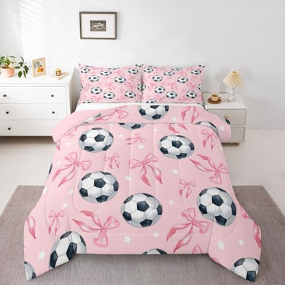 Coquette Soccer Bedding Sets Full Size,Pink Ribbon Bowknot Comforter Set 3Pcs for Kids Girls Boys Youth Room Decor,Cute Stars Pattern Quilted Duvet Sports Bow Game Down Comforter,2 Pillowcases