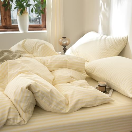 FOSSA Striped Duvet Cover Set 100% Washed Cotton Linen Feel Queen