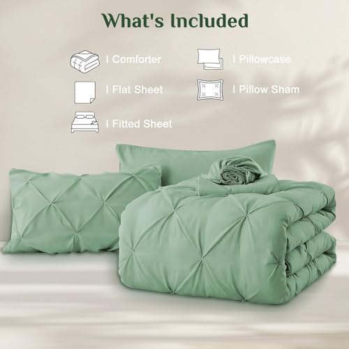 JOLLYVOGUE Twin XL Comforter Set 5 Pieces - Bed in a Bag Twin XL for All Season, Pintuck Bedding Comforter Sets with Comforter, Flat Sheet, Fitted Sheet and Pillowcases & Shams, Sage Green