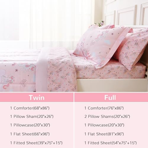 Viviland Kids Full Bedding Sets, Girls Comforter, Pink Unicorn