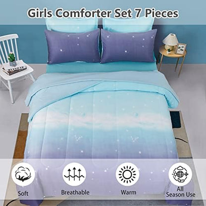 Dinjoy Girls Comforter Set Queen Size 7 Pieces Bed in A Bag Ombre Blue Purple Rainbow Bedding Set Collections for Teen Women (1 Comforter, 1 Flat Sheet, 1 Fitted Sheet, 2 Pillow Shams, 2 Pillowcases)