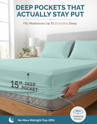 Casa Platino King Sheets Sets – 100% Cotton King Sheets Cooling with 4 Pillowcases, 15" Deep Pocket Fitted Sheet, Crisp & Smooth Feel, Ultra Soft & Cozy, Fit – Blue Sky