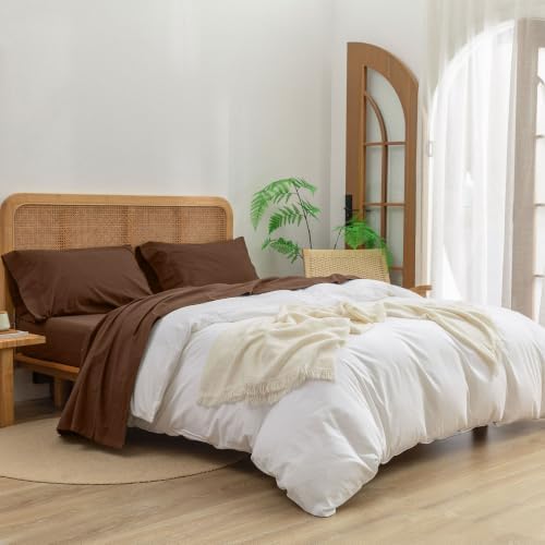 BESTOUCH Sheet Set 100% Washed Cotton Linen Feel Super Soft Comfortable Chic Lightweight 4 Pcs Home Bedding Set Solid Cocoa Brown Queen
