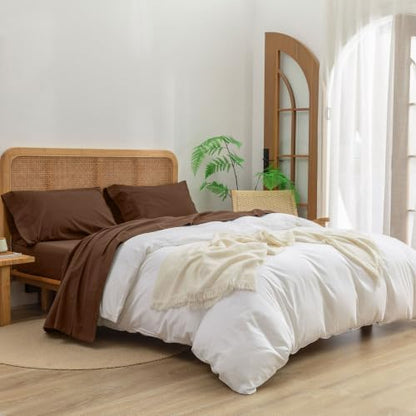 BESTOUCH Sheet Set 100% Washed Cotton Linen Feel Super Soft Comfortable Chic Lightweight 4 Pcs Home Bedding Set Solid Cocoa Brown Queen