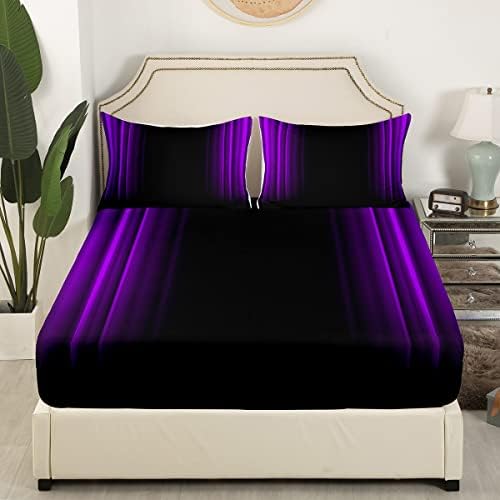 Feelyou Geometric Abstract Ombre Bed Sheets Kids Teens Purple and Black Striped Sheet Set Decor Modern Fashion Bed Set Bedroom Collection 4Pcs Full Size