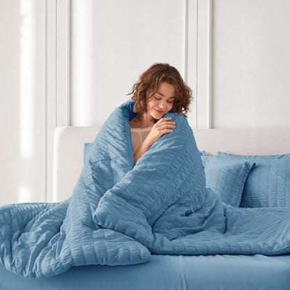 MUXHOMO 7 Pieces California King Comforter Set, Seersucker Bed in a Bag Cal King Size, All Season Luxury Bedding Set with Comforter, Flat Sheet, Fitted Sheet, Pillowcases & Shams, Mineral Blue